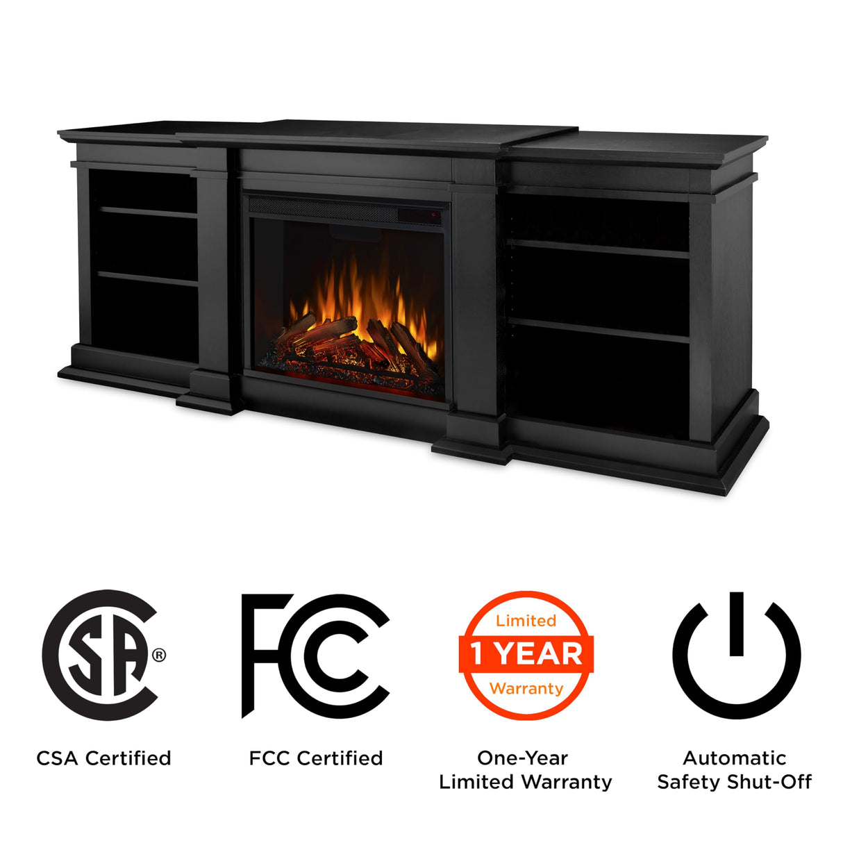Real Flame Fresno 72" TV Stand with Electric Fireplace in Black, Entertainment Center with Electric Fireplace, Living Room TV Stand with Fireplace, fits up to 70" TV Real Flame