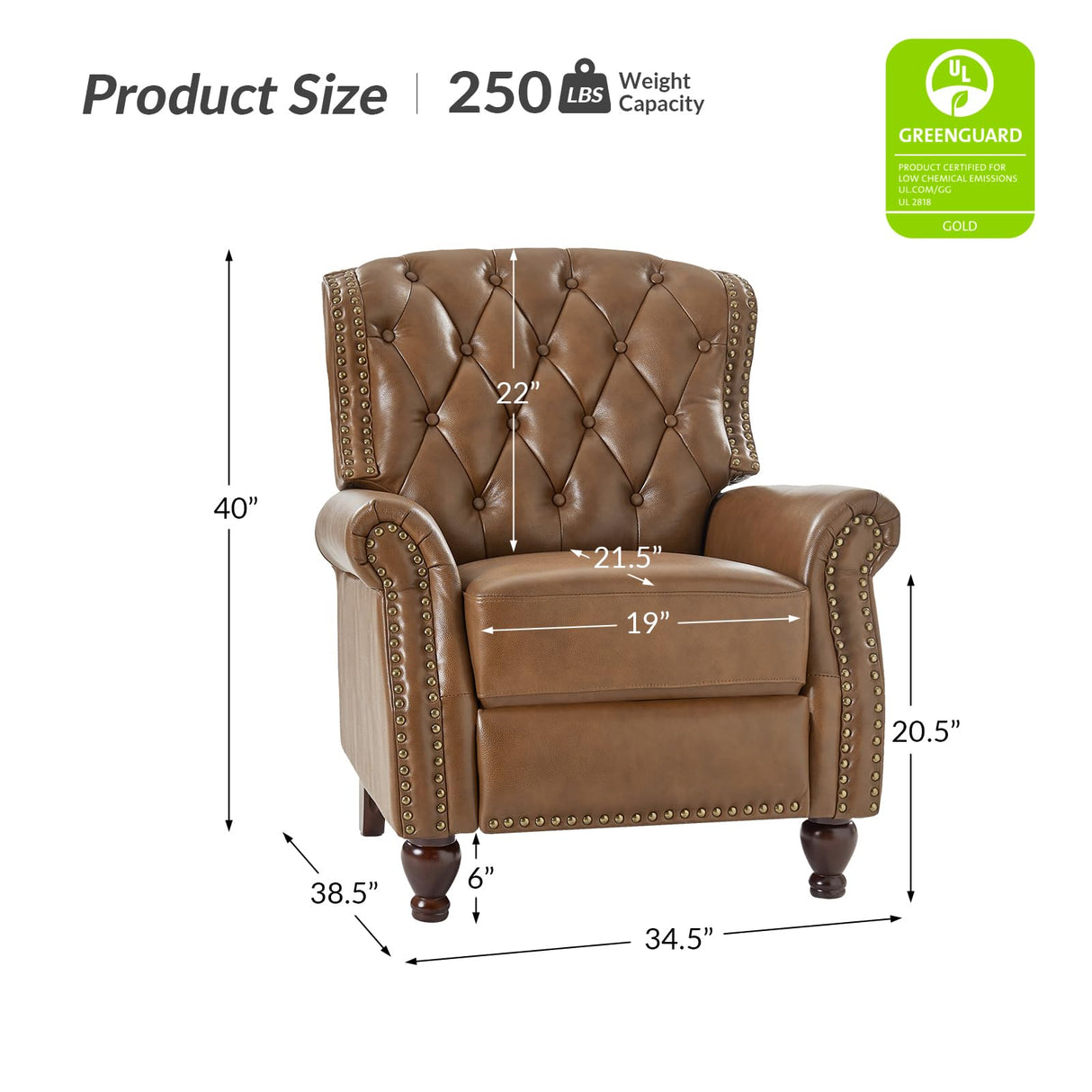 HULALA HOME Genuine Leather Manual Recliner Chair, Adjustable Tufted Push Back Reclining Sofa Armchair with Rivet Decoration & Solid Wood Legs, Modern Living Room Home Theater Seating, Camel HULALA HOME