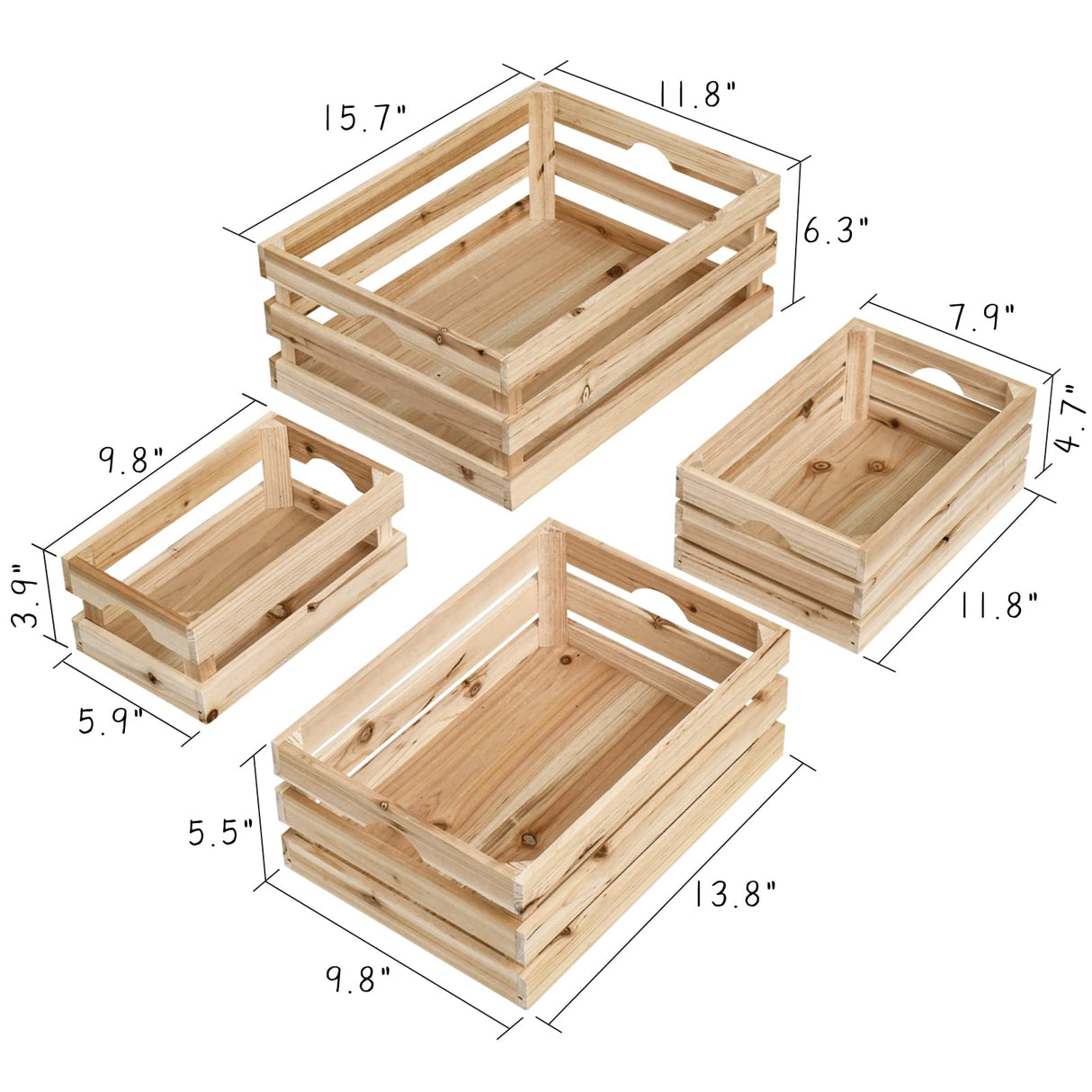 UPPER DECOR Large Wooden Crates Unfinished Set of 4 Decorative Storage Box with Handles, Rustic Farmhouse Wooden Crates for Display, Living Room Container Basket Box for Kitchen, Pantry, Bedroom UPPER DECOR