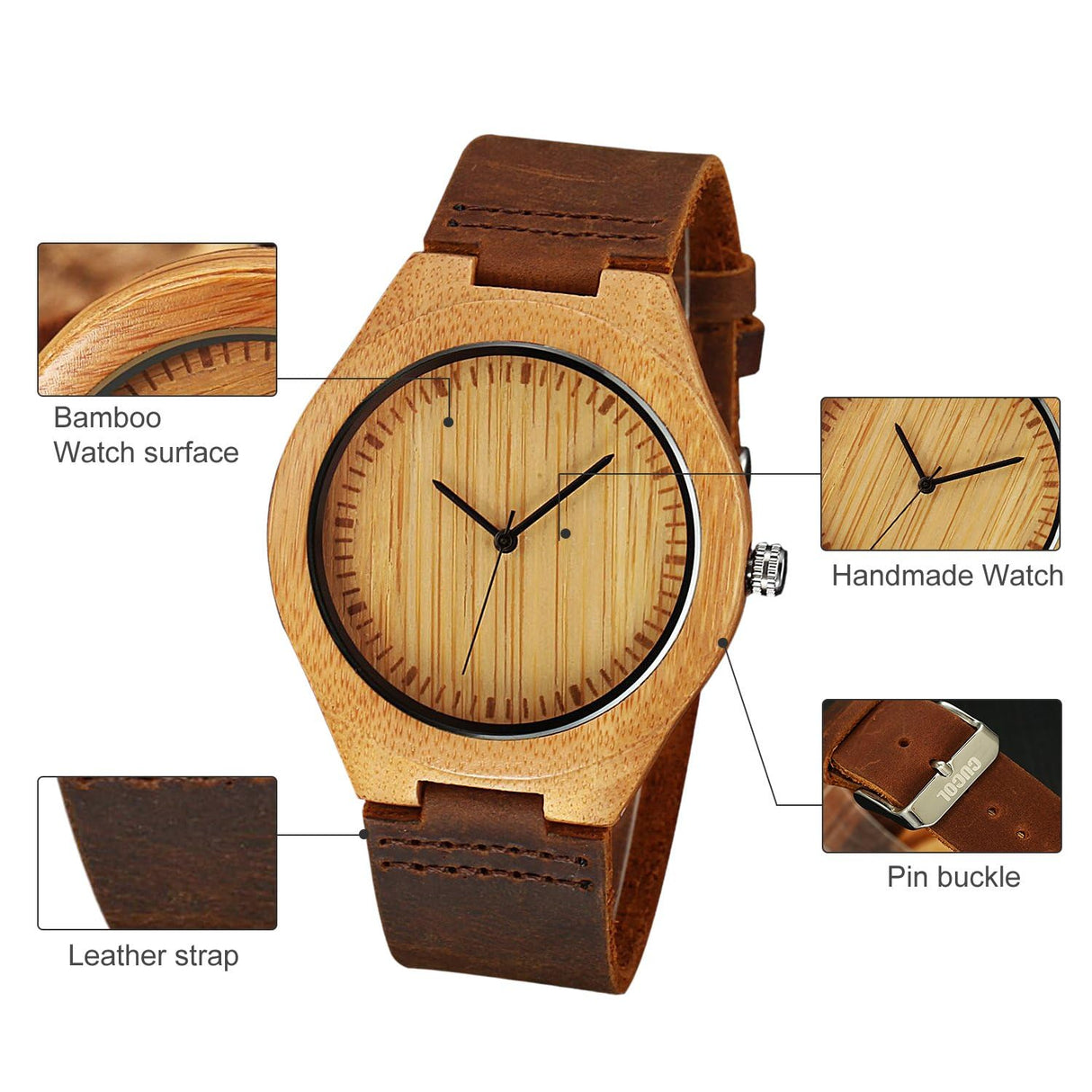 CUCOL Mens Wooden Watches Brown Cowhide Leather Strap Casual Watch for Groomsmen Gift with Box CUCOL