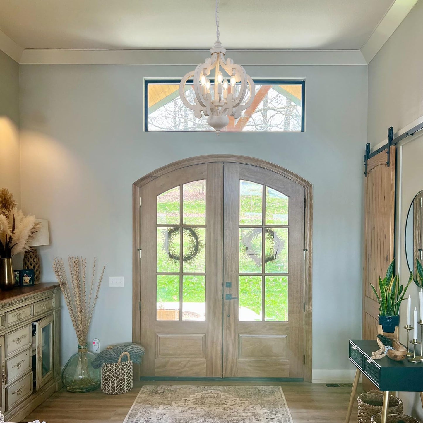 Antique White Farmhouse Chandelier Rustic Wood Pendant Light, 5 Lights 17 Inch French Country Chandelier Cottage Orb Chandeliers Hanging for Dining Room Kitchen Island Bedroom Foyer - WoodArtSupply