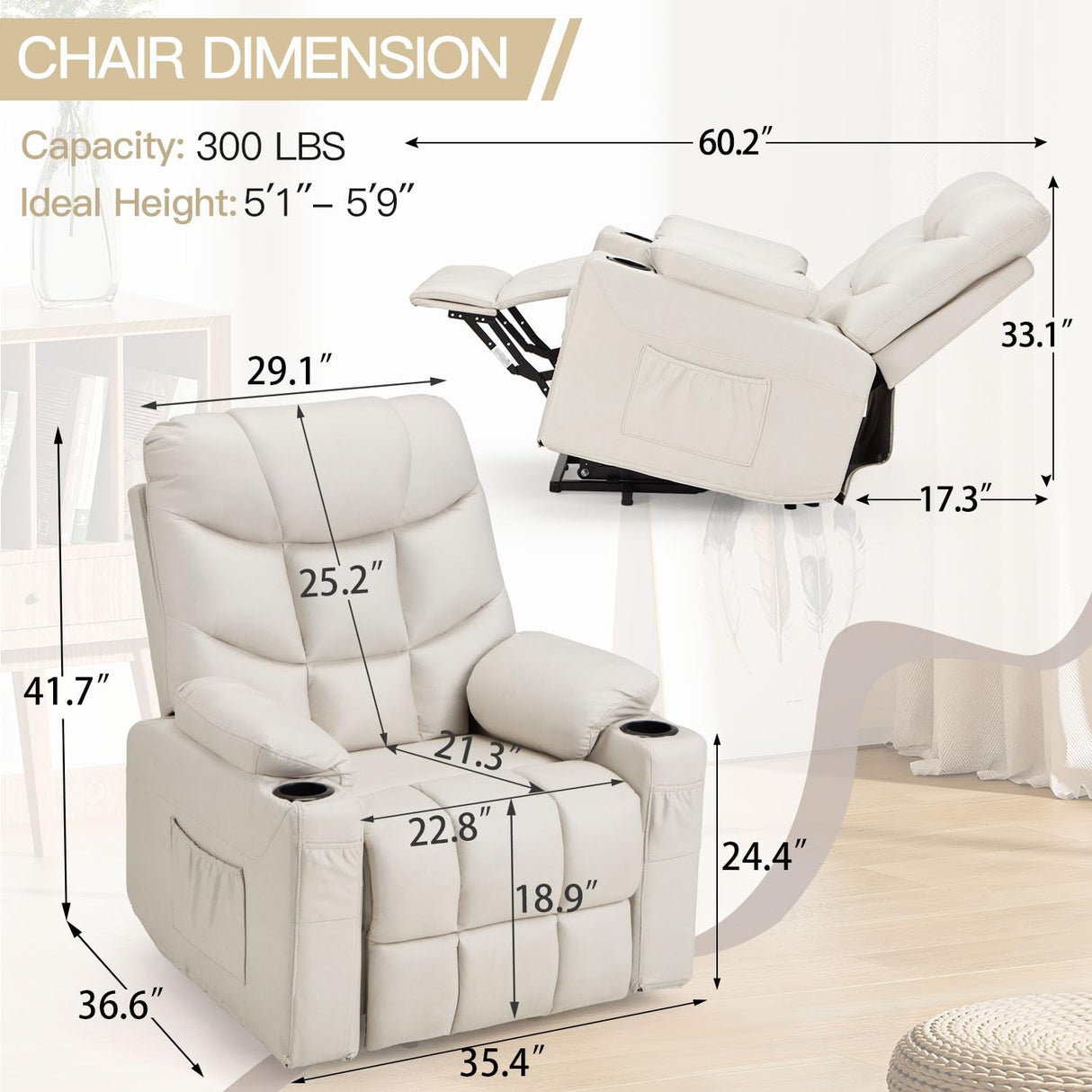 Esright Power Lift Recliner for Elderly, Electric Lift Chair with Heated Vibration Massage,Heavy Duty Electric Recliner with Side Pockets, USB Charge Port & Cup Holders, Cream Beige Esright
