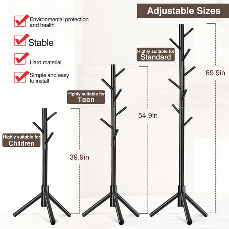 WANGMUXIA Coat Rack, Freestanding Coat Rack with 8 Hooks and 3 Adjustable Size Tree Coat Racks for Bedroom, Hallway, Entrance, Office, for Hats, Coats, Scarves, Handbags WANGMUXIA