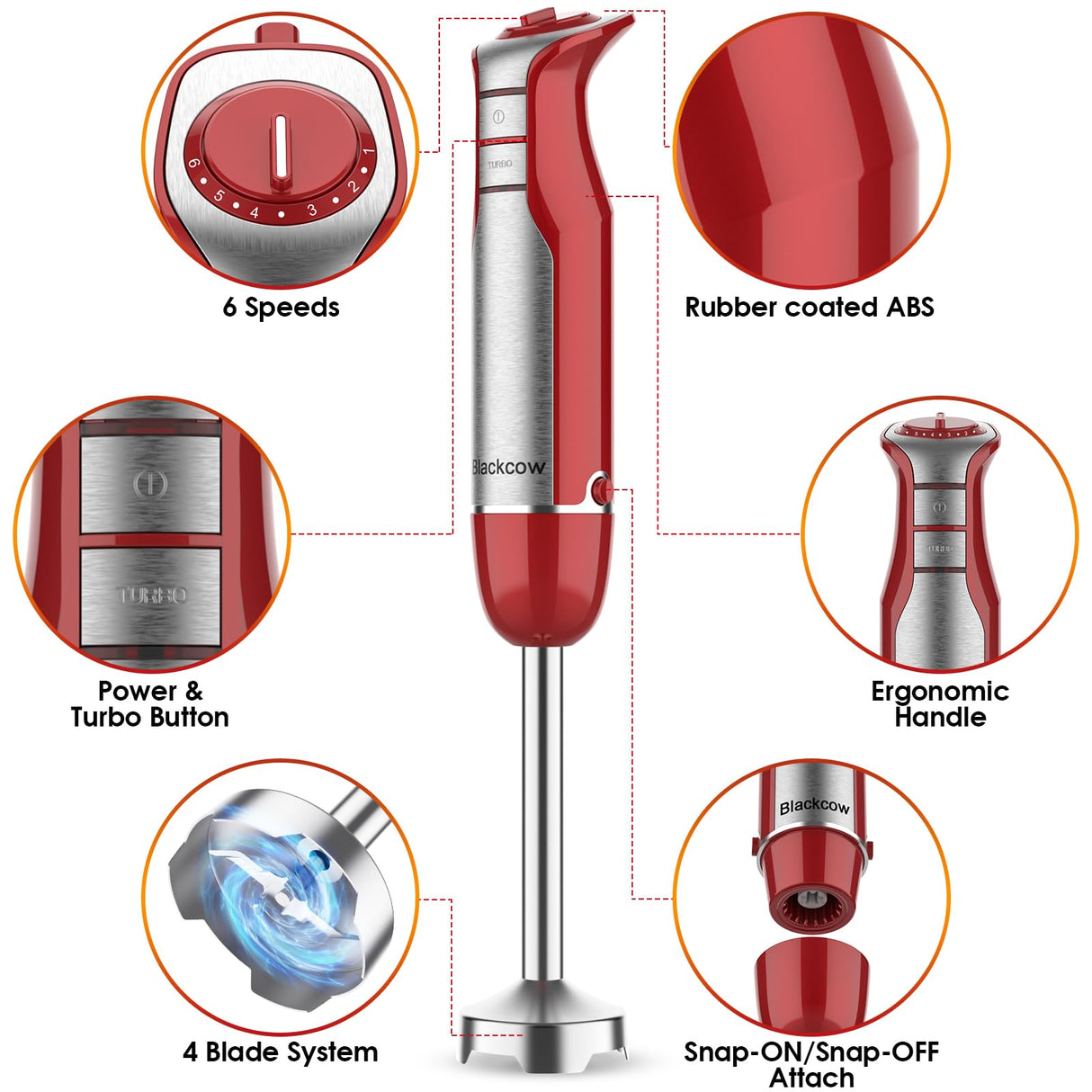 Blackcow Immersion Blender Handheld,800W Powerful Electric Hand Blender with 6-Speed&Turbo,Electric Mixer Handheld for kitchen,Smoothie,Soup,Baby Food,Puree,Drinks,RoseRed Blackcow