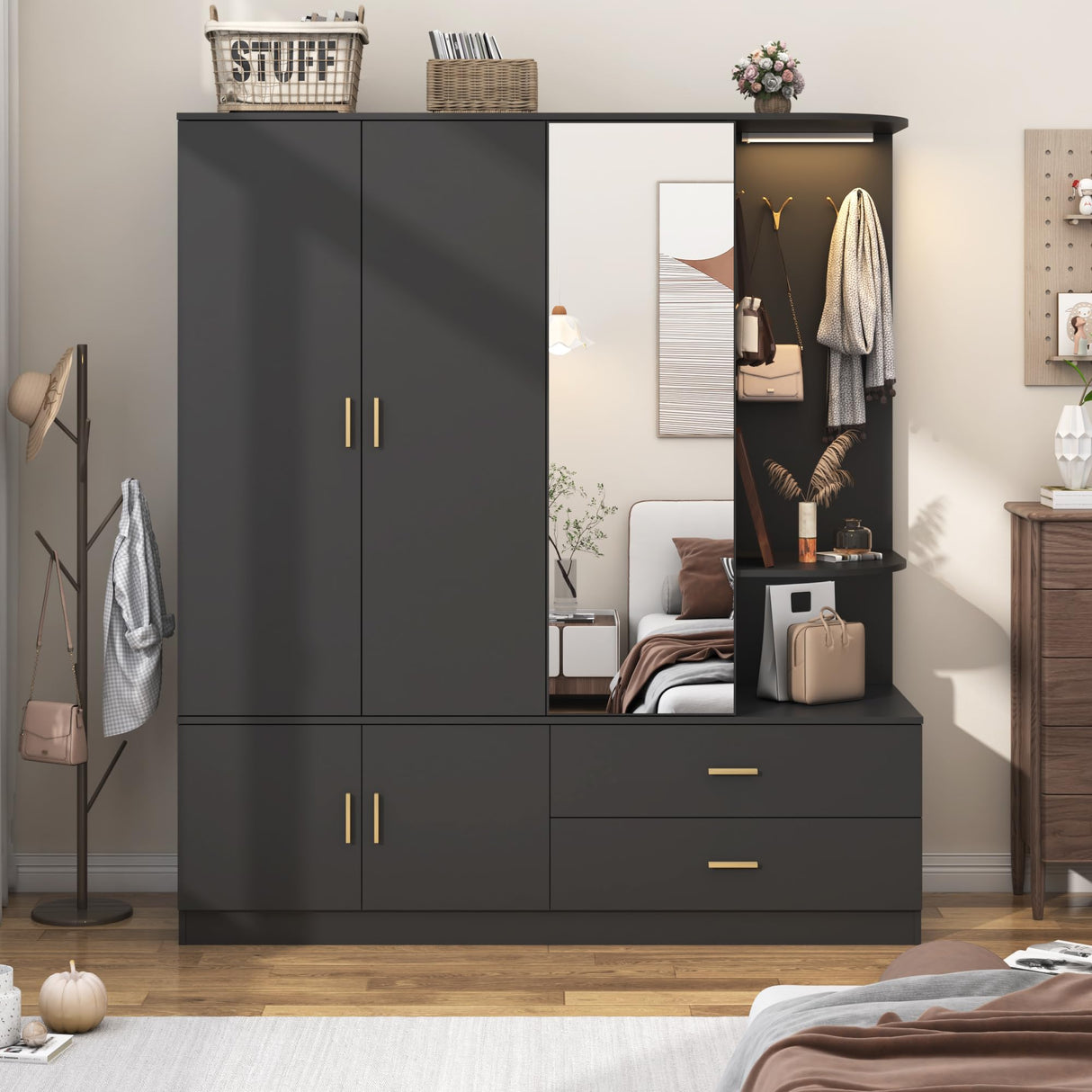 XVD Armoire Wardrobe Closet with Mirror and Sensor Light, Bedroom Armoire with 5 Doors 2 Drawers, Modern Wooden Large Wardrobe Closet with Shelves, 4 Hooks, 2 Hanging Rods, Open Space, Black XVD