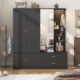 XVD Armoire Wardrobe Closet with Mirror and Sensor Light, Bedroom Armoire with 5 Doors 2 Drawers, Modern Wooden Large Wardrobe Closet with Shelves, 4 Hooks, 2 Hanging Rods, Open Space, Black XVD
