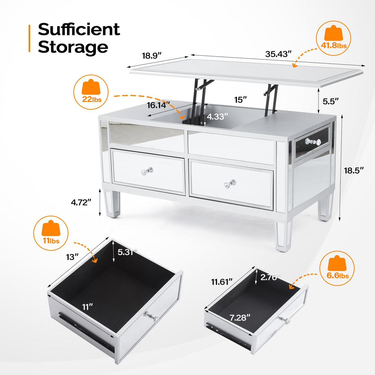 VINGLI Mirrored Lift Top Coffee Table, Assembled Modern Coffee Table with Drawers for Living Room (Silver, 35'' x 19'' x 18'') VINGLI