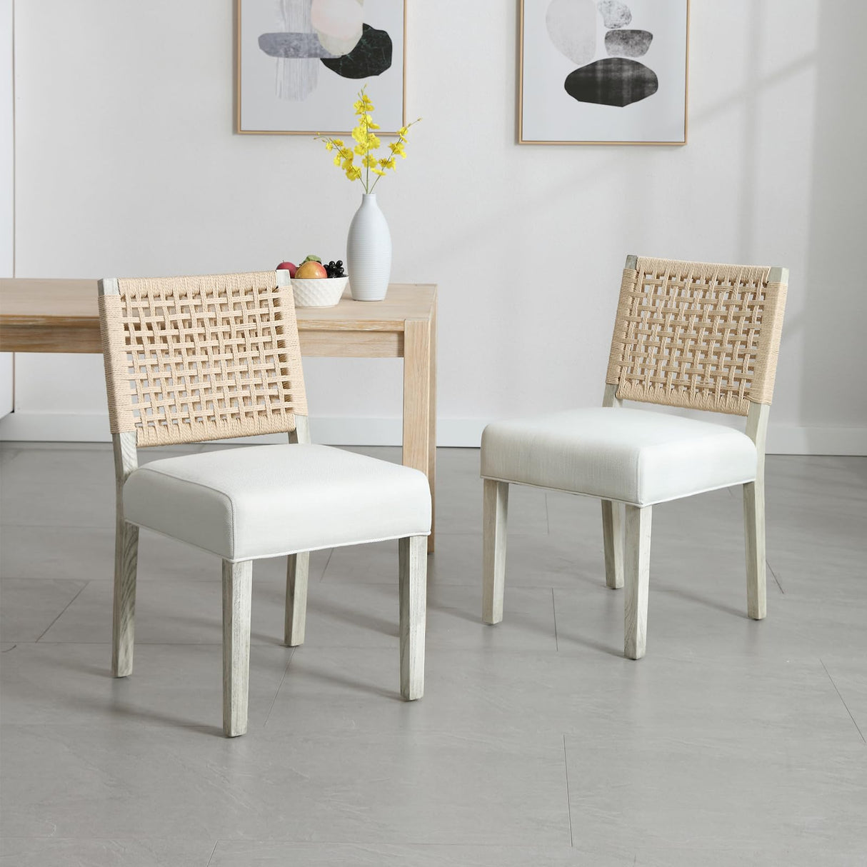 LZAREAL Farmhouse Dining Chairs Set of 4 Linen Fabric Upholstered Accent Side Chair, Mid Century Modern Kitchen & Dining Room Chairs with Woven Rope Back for Home, Living Room, Bedroom - White LZAREAL