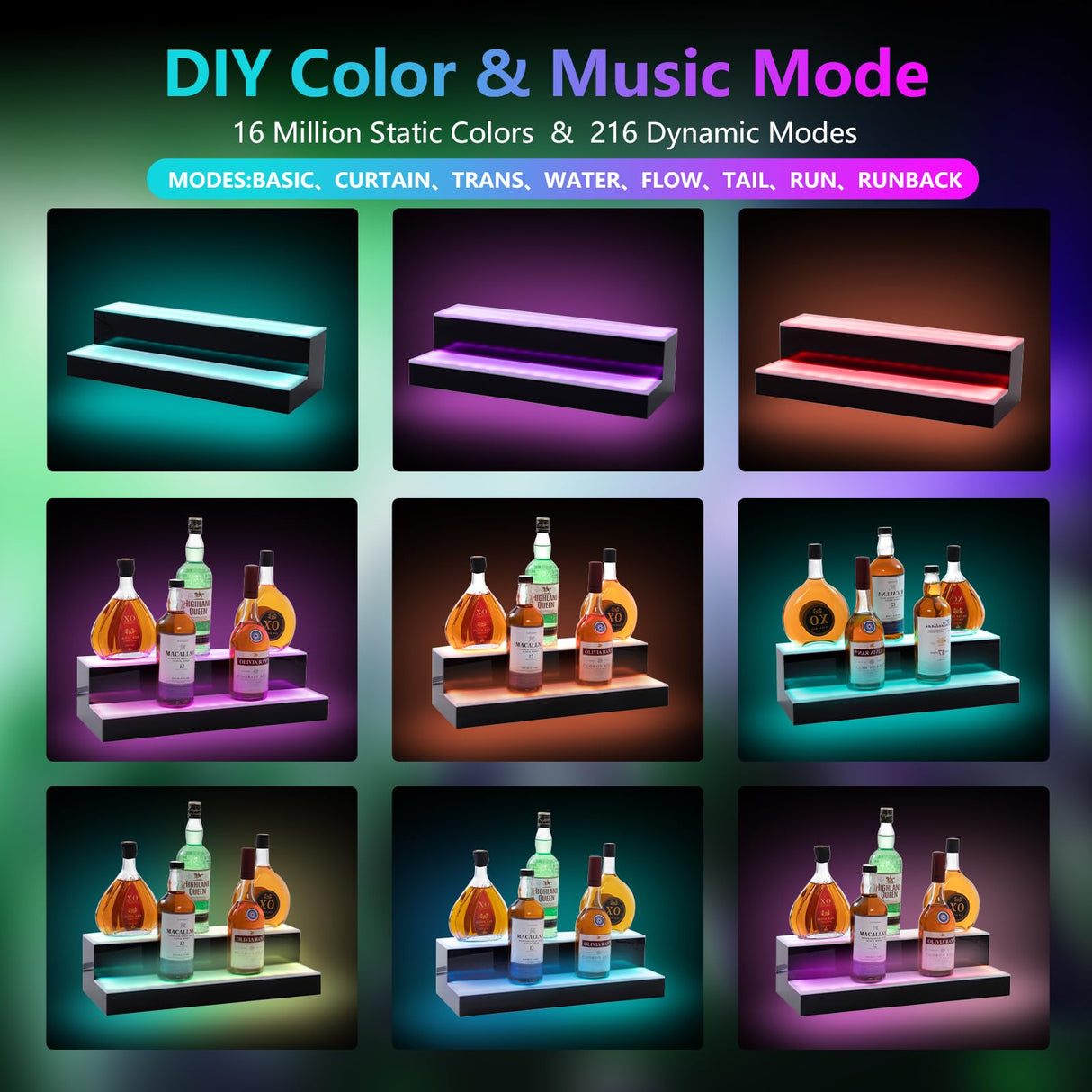 Leekimid Led Lighted Liquor Bottle Display Shelf, 24 Inch 2 Tier Whiskey Rack, Support USB, Bar Stand with RF Remote & App Control, Illuminated Acrylic Lighting Shelves for Home Bar, Party Leekimid