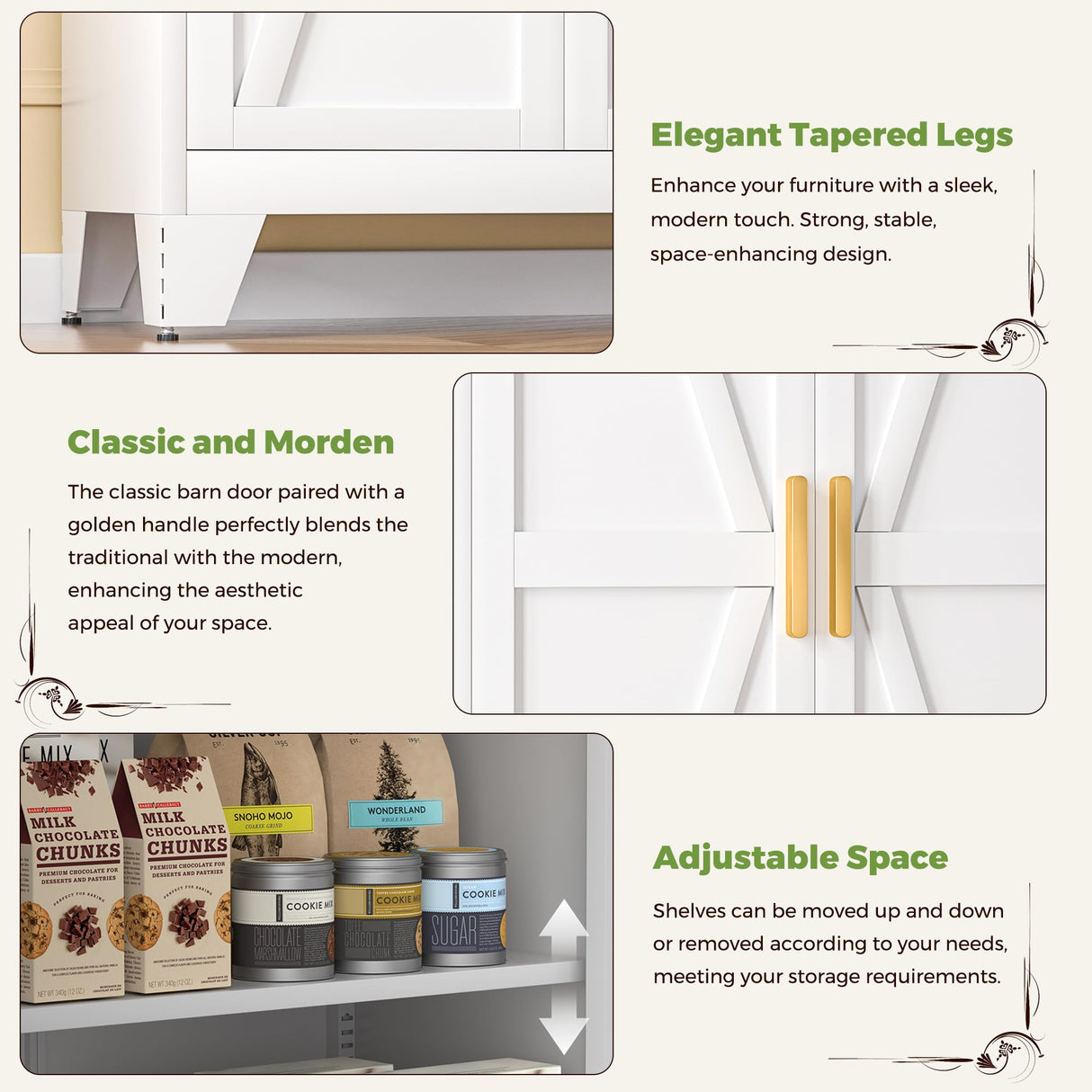 COFaR 4 Tier Metal Farmhouse Storage Cabinet with 2 Barn Door, 3 Adjustable Shelves and Legs, for Dining Room, Kitchen,Pantry,Bathroom, Living Room, Office (White, 61" Farmhouse) COFaR