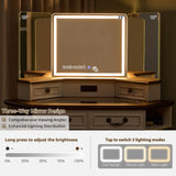 T4TREAM Makeup Vanity Desk 48" with 3 Way Mirror and Lights, Large Farmhouse Corner Vanity Dressing Table with Glass Top & Charging Station, 3 Drawers & 2 Storage Cabinets for Bedroom, Antique White T4TREAM