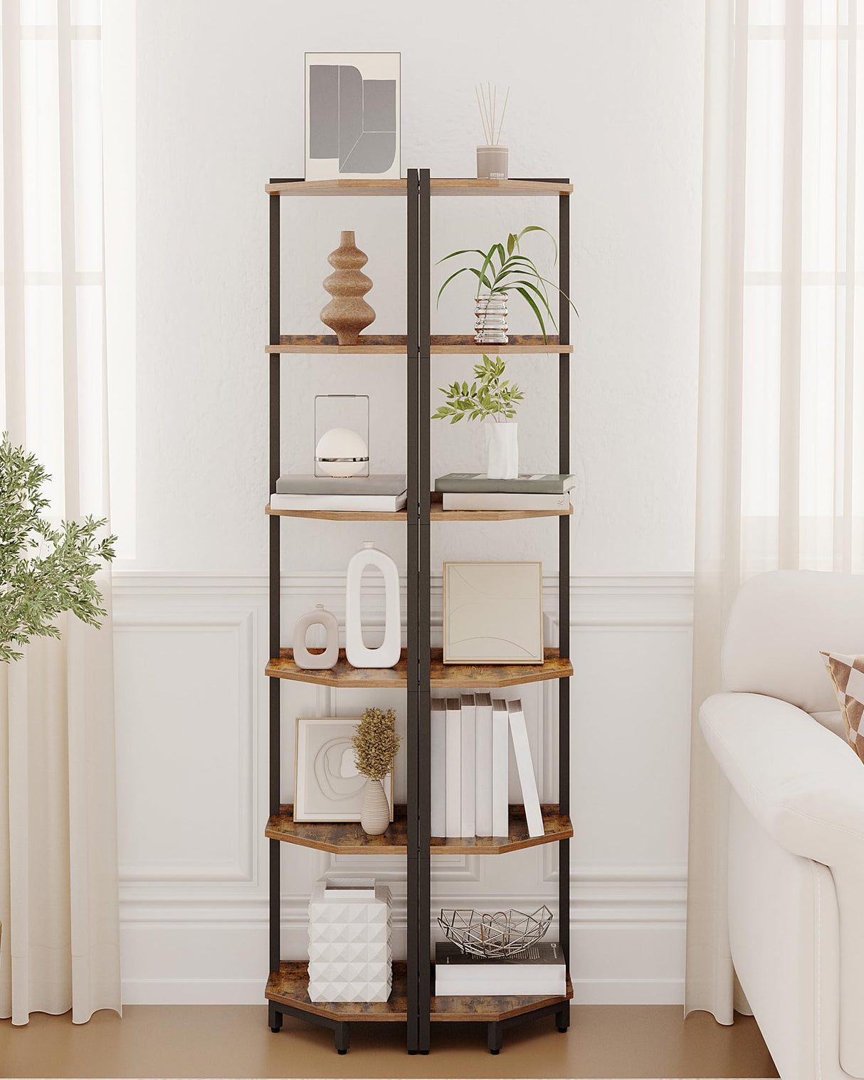 Hzuaneri Corner Shelf Stand, Corner Bookshelf, Storage Standing Shelf Unit with Metal Frame, Plant Stand, Corner Bookcase for Living Room, Home Office, Bedroom, 6-Tier Rustic Brown CS06001B Hzuaneri