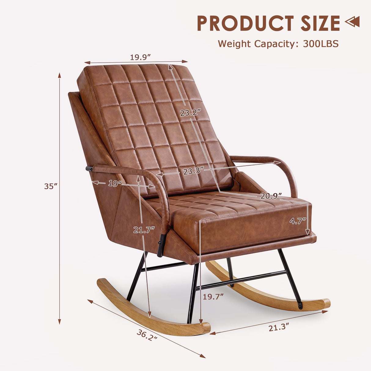 VECELO Rocking Chair Nursery, Over Size Leather Glider Rocker with High Backrest, Upholstered Removable Back, Brown VECELO
