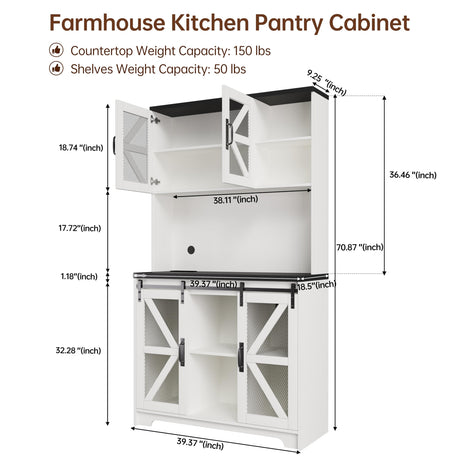71" Tall Farmhouse Kitchen Pantry Storage Cabinet, Kitchen Storage Cabinets with LED Lights and Charging Station, Pantry Cabinet with Adjustable Shelves and Sliding Doors, Cupboard for Kitchen, White PPorfamilia