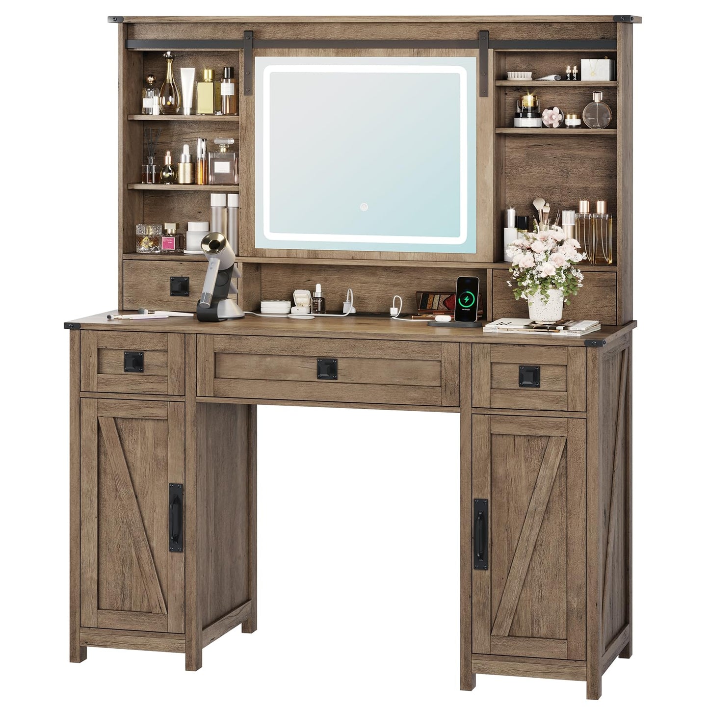 MSmask Vanity Desk with Sliding Lighted Mirror, Makeup Vanity with Lights & Charging Station, Farmhouse Large Vanity Dressing Table with 5 Drawers & Hidden Space, Adjustable Storage Shelves - WoodArtSupply