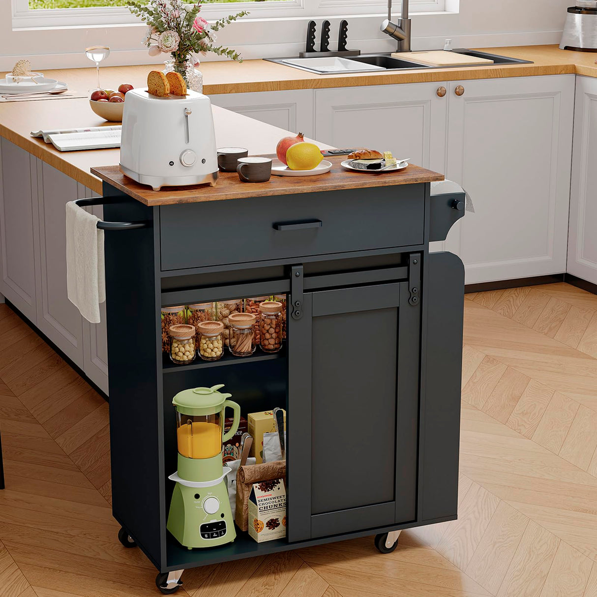 YATINEY Kitchen Island with Storage, Kitchen Storage Cabinets with Charging Station, Kitchen Island on Wheels, Rolling Island Table with Sliding Cabinet Door, Black and Rustic Brown ZD01UBR YATINEY