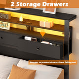 Furnulem Twin Bed Frames with Charging Station and LED Lights, Wood Headboard with 2 Fabric Drawers and Storage Shelves, Twin Size Platform Bed with Metal Slats, No Box Spring Needed, Black Oak Furnulem