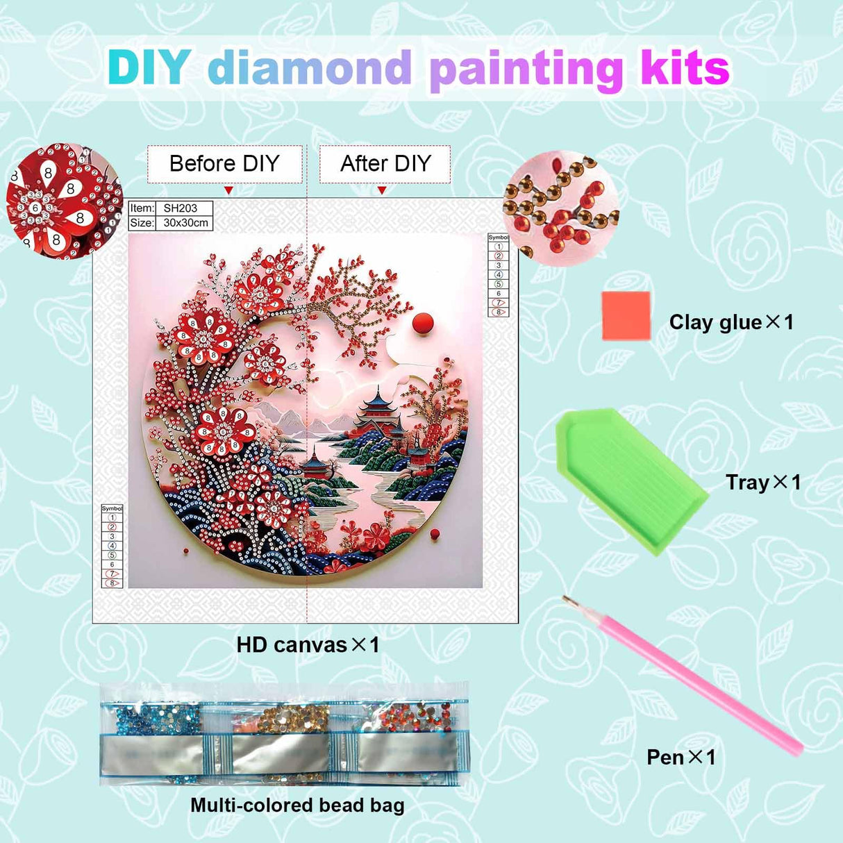 antor Special Shape Diamond Art Kit for Adults, 5D Diamond Painting Kits for Beginner, Crystal Rhinestone Landscape Painting with Red Plum Blossoms, DIY Diamond Painting for Home Wall Decor Gift antor