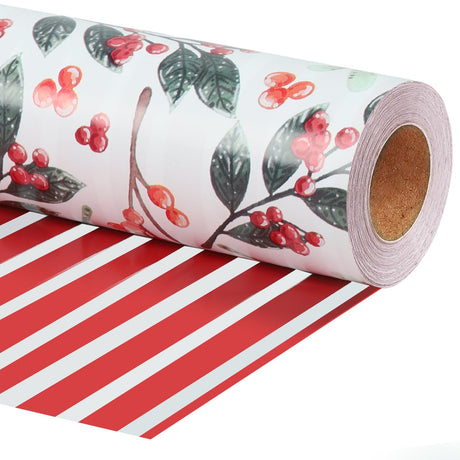 LaRibbons Reversible Christmas Wrapping Paper Roll, Vintage Red Berries & Red Stripe Gift Wrap for Christmas, Season Party, Xmas, 17 Inch x 33 Feet LaRibbons