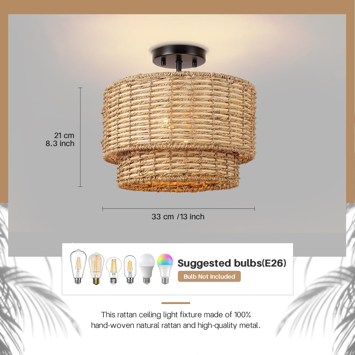 13" Woven Rattan-Style Boho Light Fixture Ceiling Mount,Farmhouse Rattan Semi Flush Mount Ceiling Light,Nursery Light Fixture With 2-Tier Drum Shade,Wicker Flush Ceiling Light for Bedroom Entryway Hermasgi
