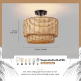 13" Woven Rattan-Style Boho Light Fixture Ceiling Mount,Farmhouse Rattan Semi Flush Mount Ceiling Light,Nursery Light Fixture With 2-Tier Drum Shade,Wicker Flush Ceiling Light for Bedroom Entryway Hermasgi
