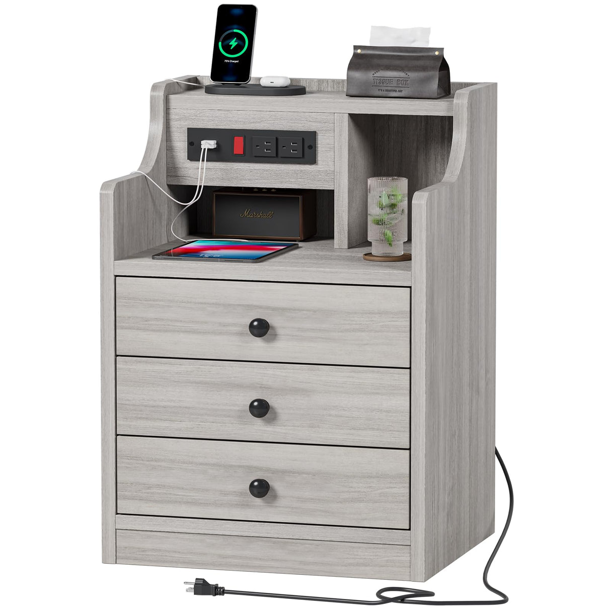 ADORNEVE Nightstand with Charging Station, Night Stand with Hutch & Storage Drawers, End Table Side Table Bedroom,Grey ADORNEVE