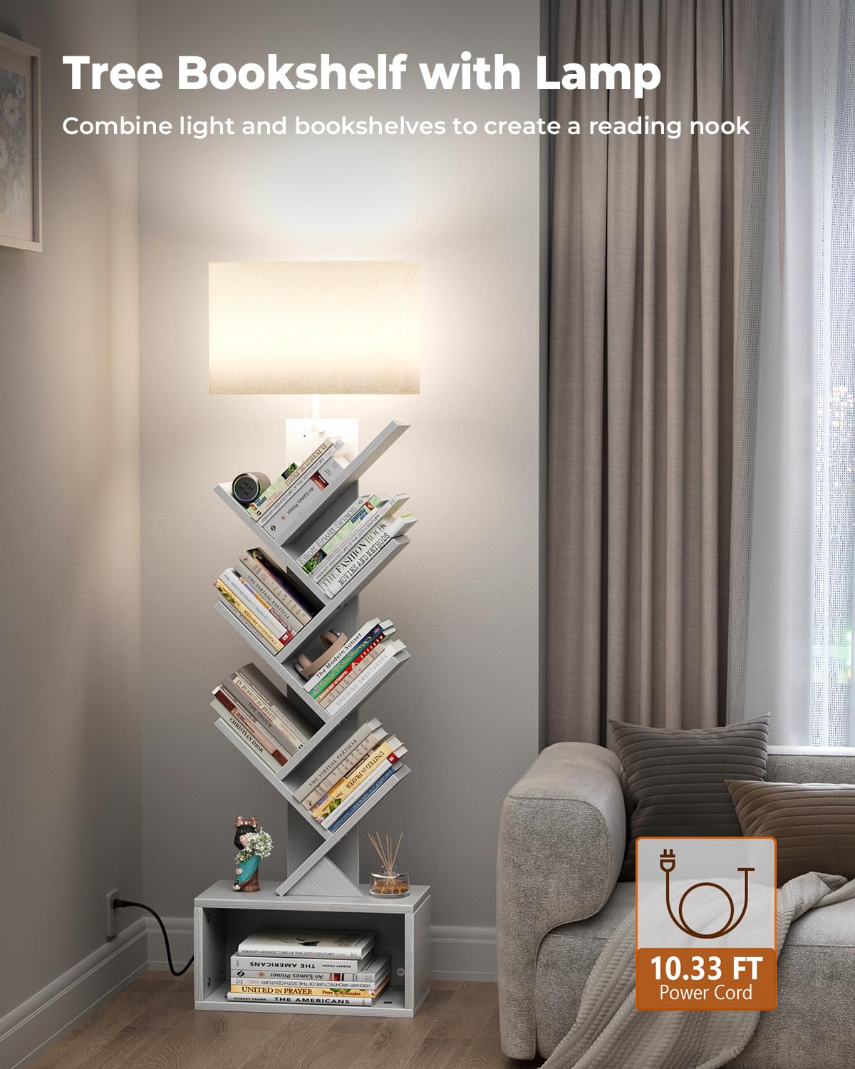 Evermagin 6 Tier Tree Bookshelf with Light, Narrow Bookcase Tower, Tall Floor Standing Book Shelf Organizer with Storage Cabinet for Living Room, Bedroom and Home Office, White Evermagin