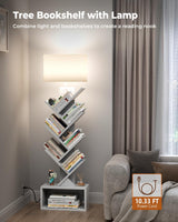 Evermagin 6 Tier Tree Bookshelf with Light, Narrow Bookcase Tower, Tall Floor Standing Book Shelf Organizer with Storage Cabinet for Living Room, Bedroom and Home Office, White Evermagin