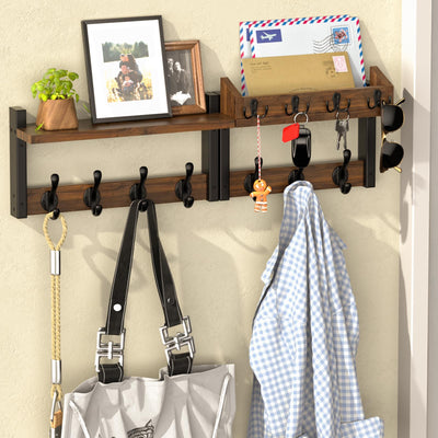 29'' Rustic Coat Rack Wall Mount with Shelf and Key Hooks, Solid Wood Key Holder Wall Mount, Farmhouse Wall Organizer for Mail, Entryway Wall Hangers for Hats, Clothes, Backpacks, Dog Leashes, Mudroom