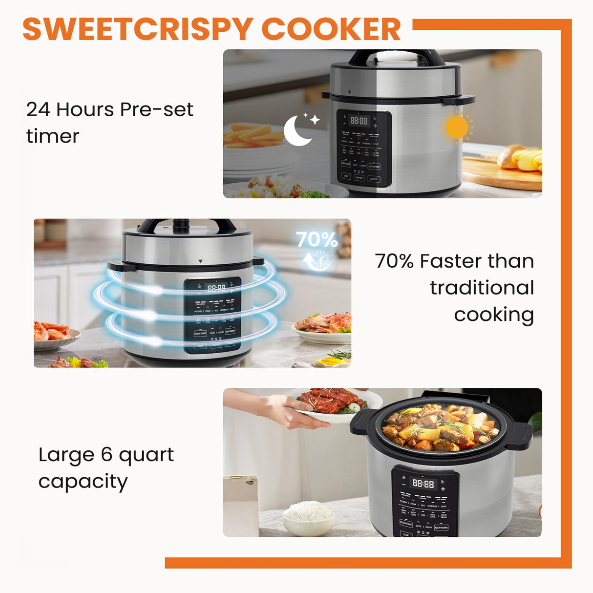 Sweetcrispy 6 QT Electric Pressure Cooker 12-in-1 Multi Digital Cookers, Rice Steamer Yogurt Maker Stainless Steel Sweetcrispy
