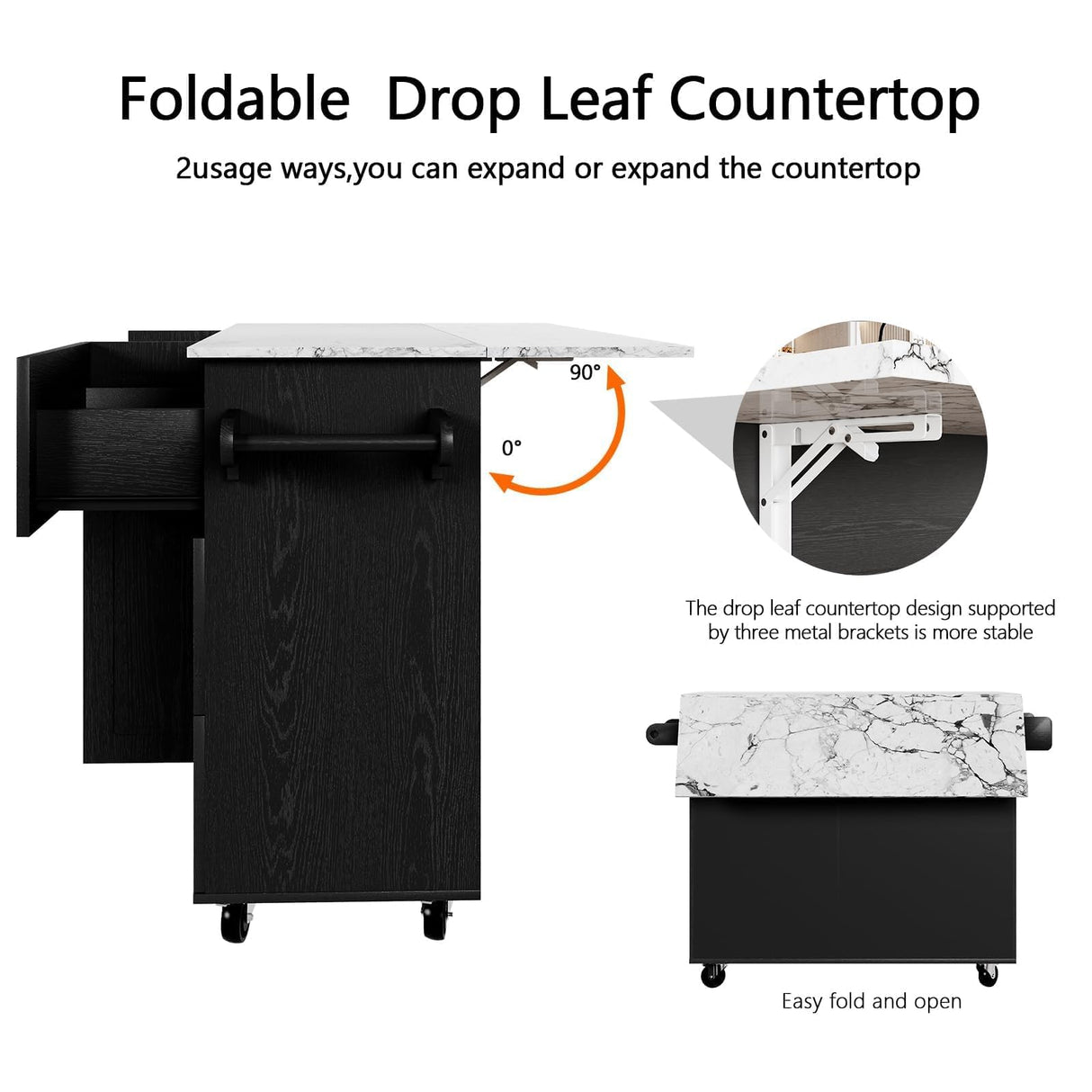 4 EVER WINNER Rolling Kitchen Island with Towel Rack & Spice Rack, Kitchen Island with Drop Leaf, Marble Tabletop Islands Table for Kitchen, Black 4 EVER WINNER