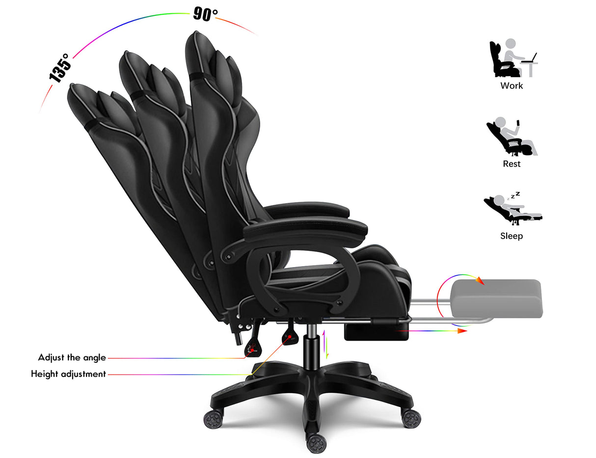 Ergonomic Pro Gaming Chair with LED Lights and Speakers, Video Game Chair with Massage and Footrest, High Back Computer Chair with Lumbar Support and Headrest, Adjustable Height, for Adult Teens.,Bla WZDHYYWS