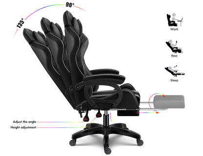 Ergonomic Pro Gaming Chair with LED Lights and Speakers, Video Game Chair with Massage and Footrest, High Back Computer Chair with Lumbar Support and Headrest, Adjustable Height, for Adult Teens.,Bla