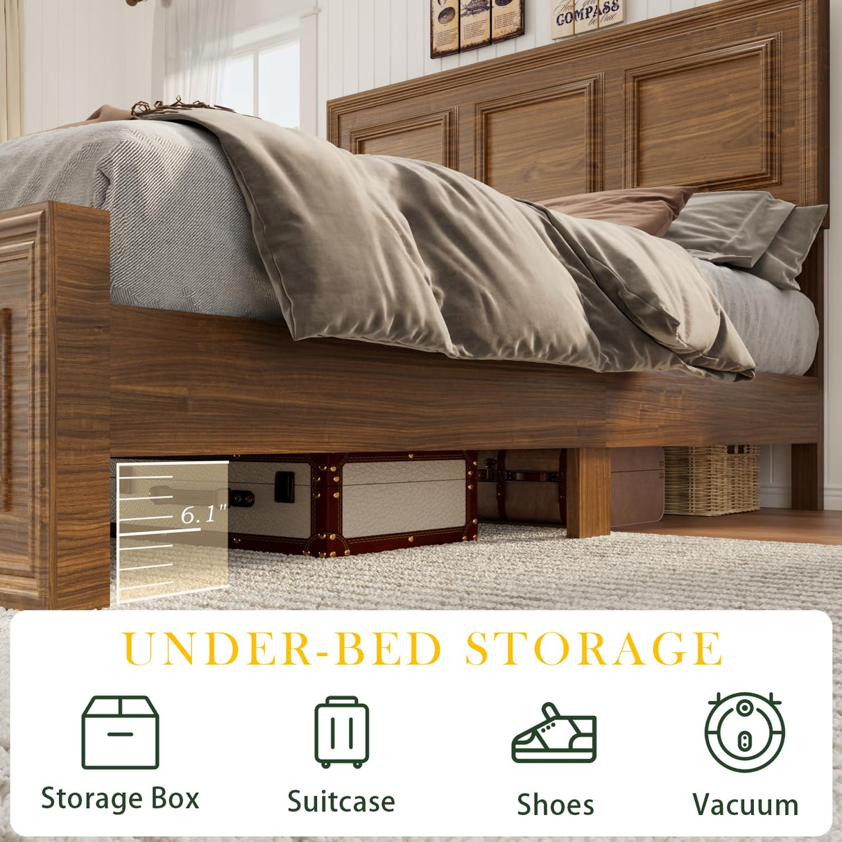 Incyneva Farmhouse Platform Queen Bed Frame Wood with Adjustable Headboard, LED Light and Charging Station, No Box Spring Needed, Noise Free, Geometric Design & Vintage Brown Incyneva