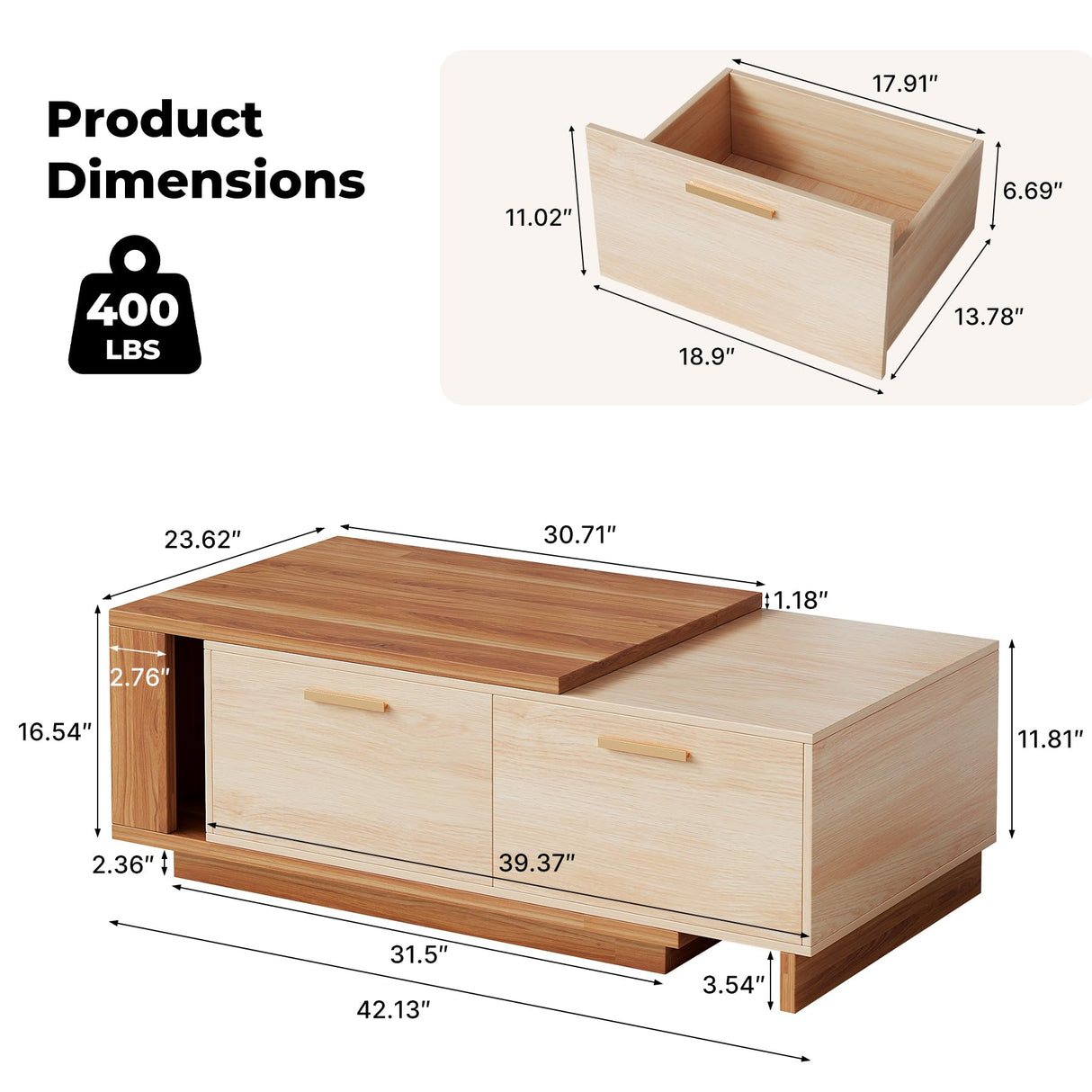 Aivermeil 42"- 65" Extendable Coffee Table with Storage, Reversible Wood Coffee Table with 2 Drawers, Two-Tone Large Adjustable Center Table for Living Room, Office (Walnut B) Aivermeil