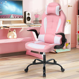 Gaming Chair for Adult, Kids Pink Office Desk Chair Ergonomic High Back Computer Chair with Lumbar Support Flip-up Arms Headrest PU Leather Swivel Task Chair for Girls Dkeli