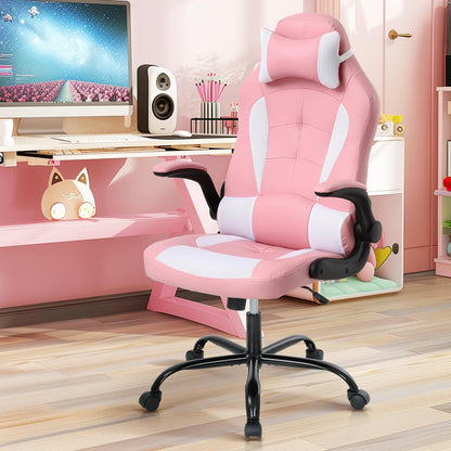 Gaming Chair for Adult, Kids Pink Office Desk Chair Ergonomic High Back Computer Chair with Lumbar Support Flip-up Arms Headrest PU Leather Swivel Task Chair for Girls