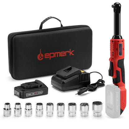 Lepmerk 3/8" Cordless Electric Ratchet Set -20V Purchasable Battery, Upgraded 60 ft-lbs, 4 in.Torque, 450 RPM, 1-Hour Rapid Charger, 9 Sockets. Battery Purchasable! - WoodArtSupply