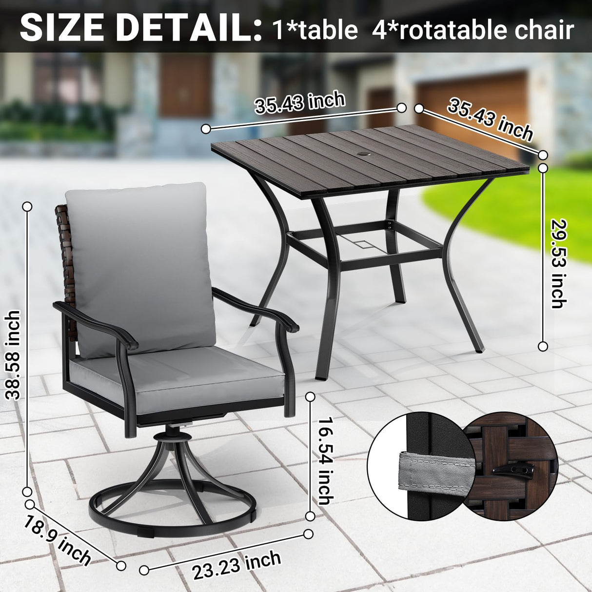 LEVELEVE 5 Piece Outdoor Patio Dining Set with 4 Swivel Dining Chairs & 1 Large Square Dining Table,Bistro Furniture Set for Lawn, Garden, Deck, Backyard and Porch LEVELEVE