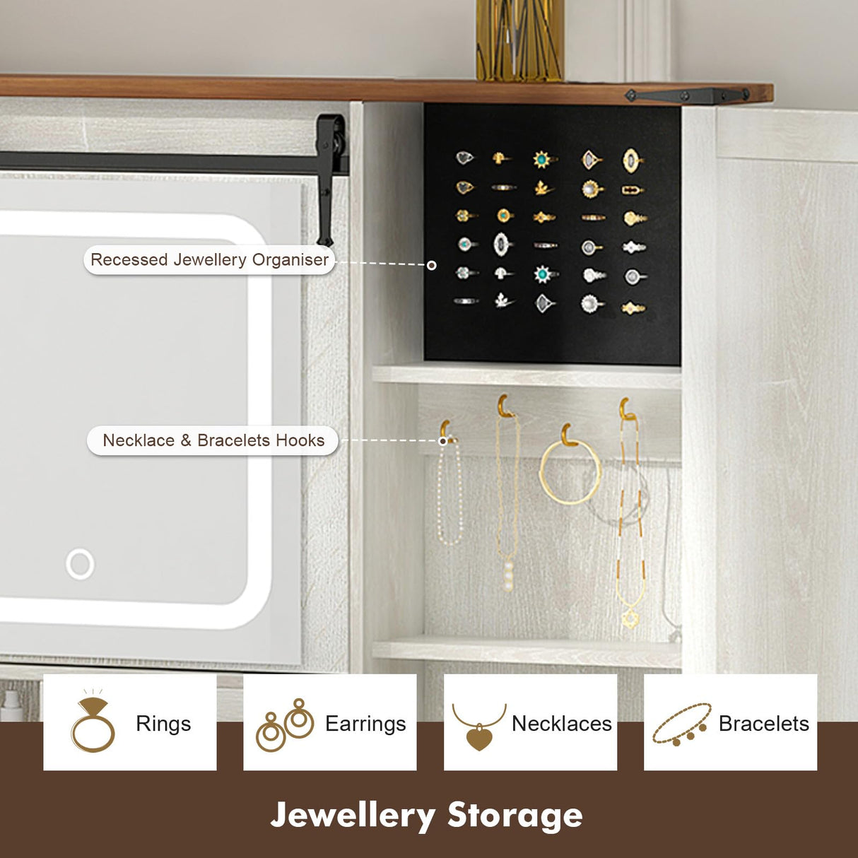 GlouMod Farmhouse Makeup Vanity Desk with Sliding Mirror and Lights, 42" Glass Top Vanity Table with Charging Station & 4 Drawers & 2 Cabinets, Vintage Vanity Set for Bedroom, Stool Included, White GlouMod