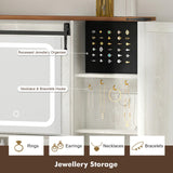 GlouMod Farmhouse Makeup Vanity Desk with Sliding Mirror and Lights, 42" Glass Top Vanity Table with Charging Station & 4 Drawers & 2 Cabinets, Vintage Vanity Set for Bedroom, Stool Included, White GlouMod