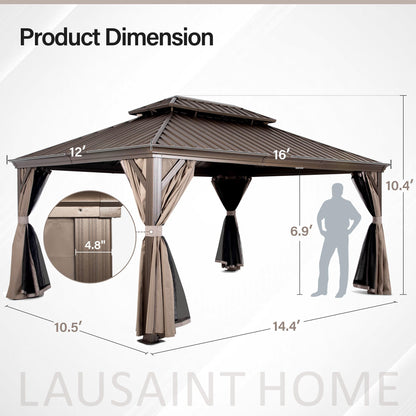 LAUSAINT HOME 12x16 ft Metal Gazebo with Curtains and Nettings for Patios, Waterproof Permanent Heavy Duty Metal Double Roof Pavilion with Brown Aluminum Frame for Lawn, Party