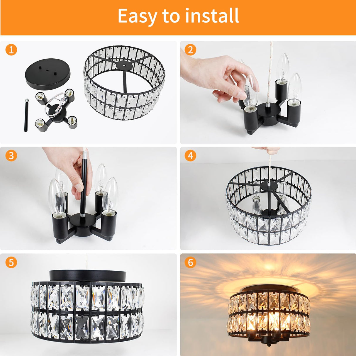 JWLUYN Black Crystal Flush Mount Ceiling Light, 4 Lights Black Dining Room Light Fixtures with E12 Base, Modern Close to Ceiling Light Fixture for Bathroom, Hallway, Kitchen, Bedroom, Entryway JWLUYN