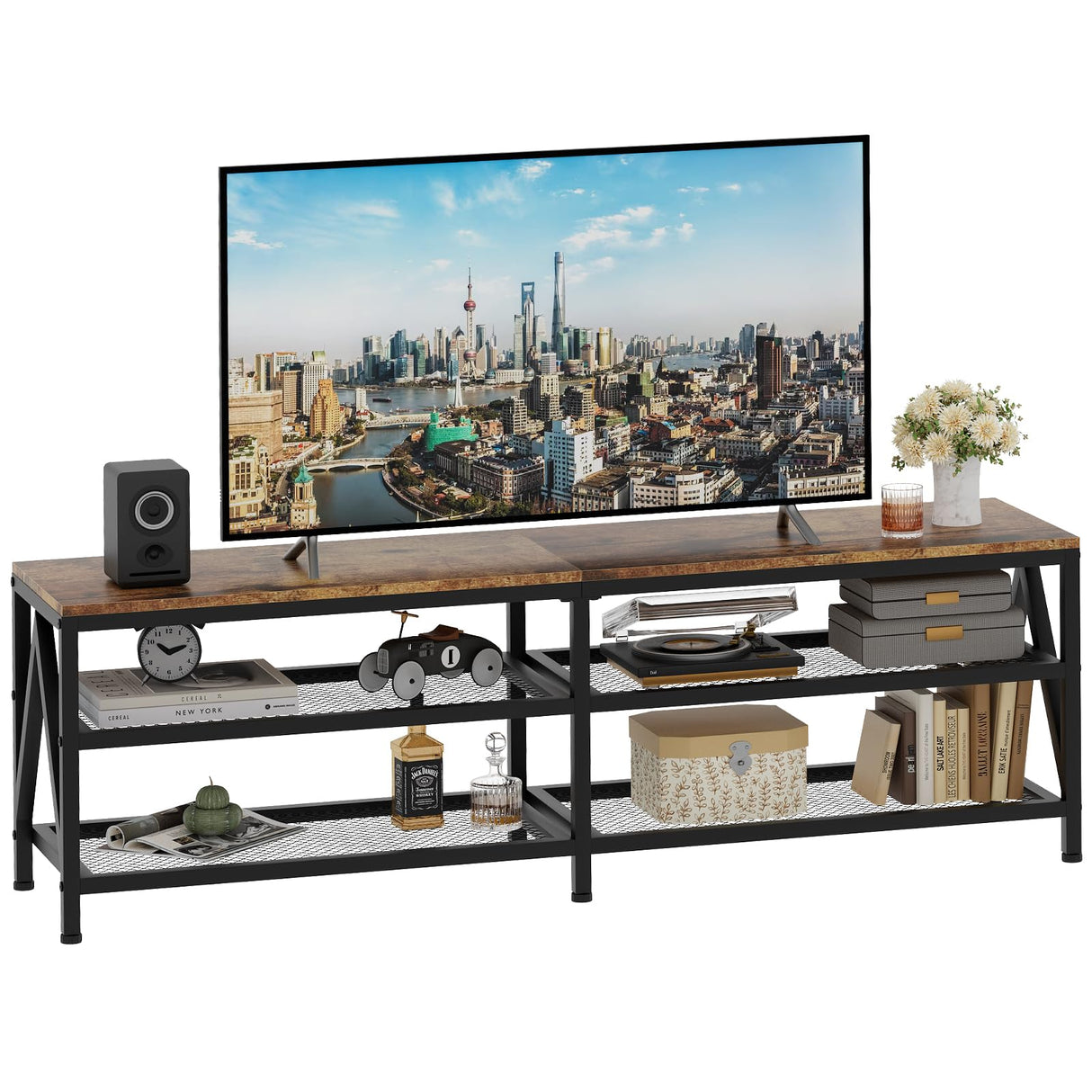 Katrawu TV Stand for TV up to 70 Inch, Long 63" TV Cabinet with 3-Tier Storage Shelves,Entertainment Center TV Console Table for Living Room with Industrial TV Metal Frame, Rustic Brown Katrawu
