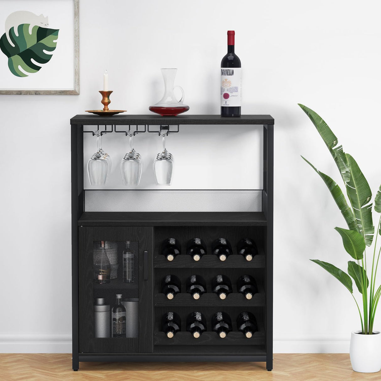 GAOMON Coffee Wine Bar Cabinet with Storage and Detachable Rack, Farmhouse Sideboard and Buffet Cabinet with Glass Holder and Mesh Door, Liquor Coffee Bar Cupboard, Black GAOMON