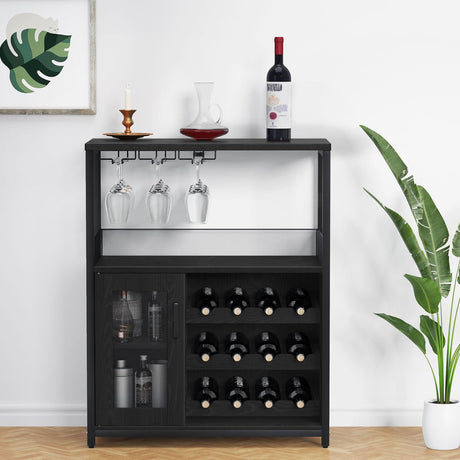 GAOMON Coffee Wine Bar Cabinet with Storage and Detachable Rack, Farmhouse Sideboard and Buffet Cabinet with Glass Holder and Mesh Door, Liquor Coffee Bar Cupboard, Black GAOMON