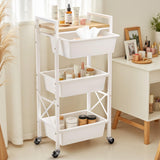 3 Tier Rolling Utility Cart with Drawer, Plastic Drawer Storage Snack Craft Book Cart with Lockable Wheels & Wood Tabletop, Metal Shelf Storage Organizer Cart for Kitchen, Bedroom, Office, White Time Forest