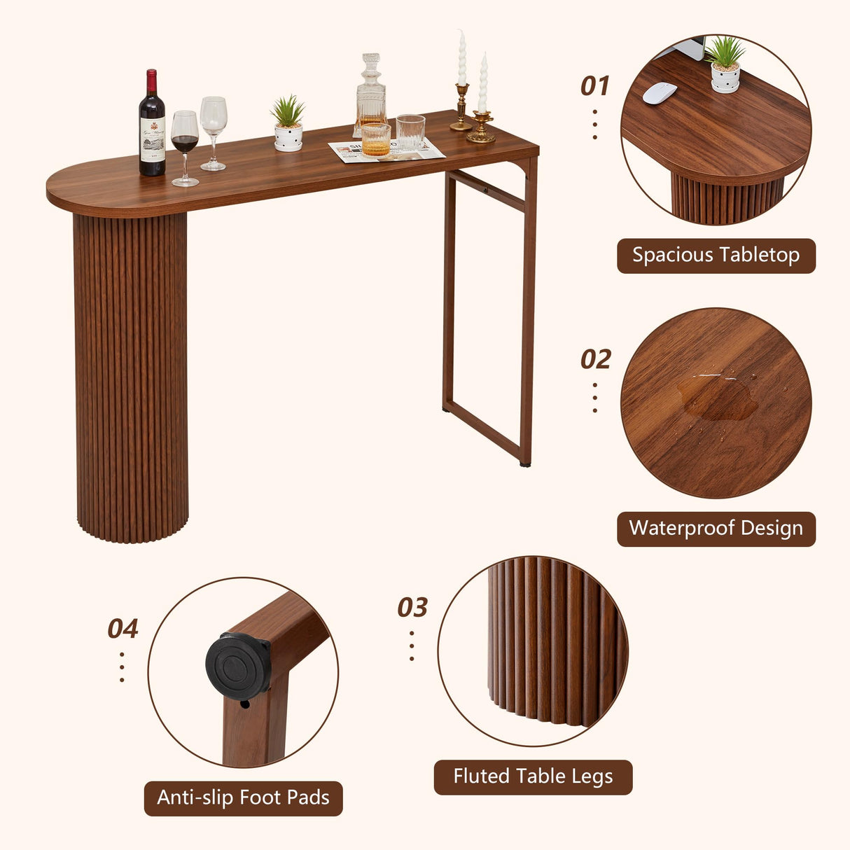 55" Long Bar Table, Fluted Wood Counter Height Pub Table, High Top Kitchen Breakfast Bar Tables with Sturdy Metal Frame, Modern Bar Height Dining Table for Bistro, Dining Room, Living Room YZRSTY