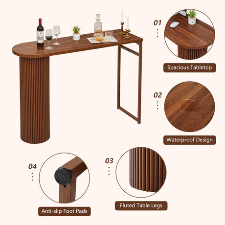 55" Long Bar Table, Fluted Wood Counter Height Pub Table, High Top Kitchen Breakfast Bar Tables with Sturdy Metal Frame, Modern Bar Height Dining Table for Bistro, Dining Room, Living Room YZRSTY