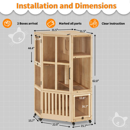 MCombo Large Corner Cat House Villa, Wooden Indoor Cat Enclosure with Scratching Post, Multi-Feature Enclosed Cat Cages with Escape Doors, Wood Cat Condo with Wheels CT96 - WoodArtSupply